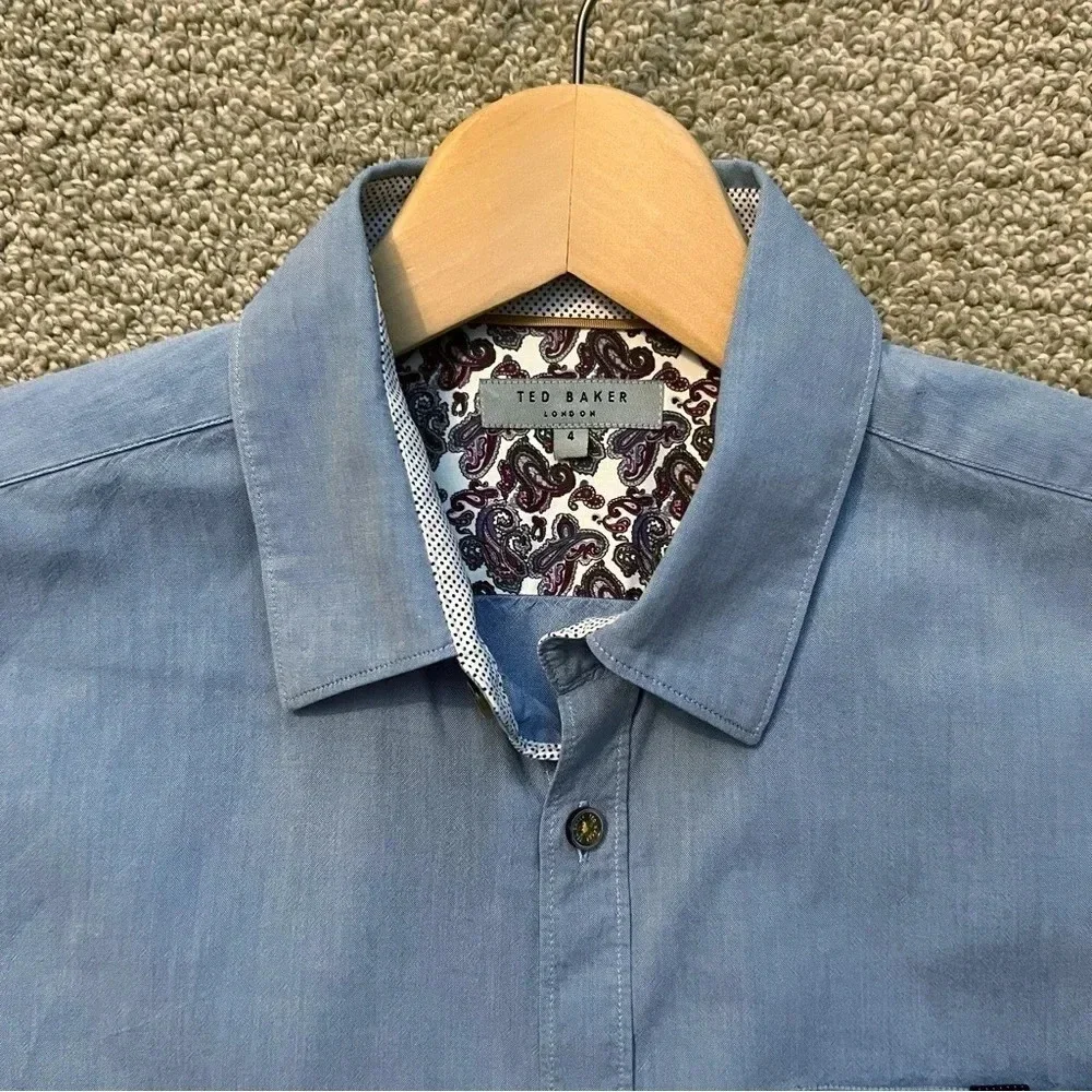 Ted Baker Chambray Blue Casual Button Front Shirt Men’s Size Large - Picture 3 of 10